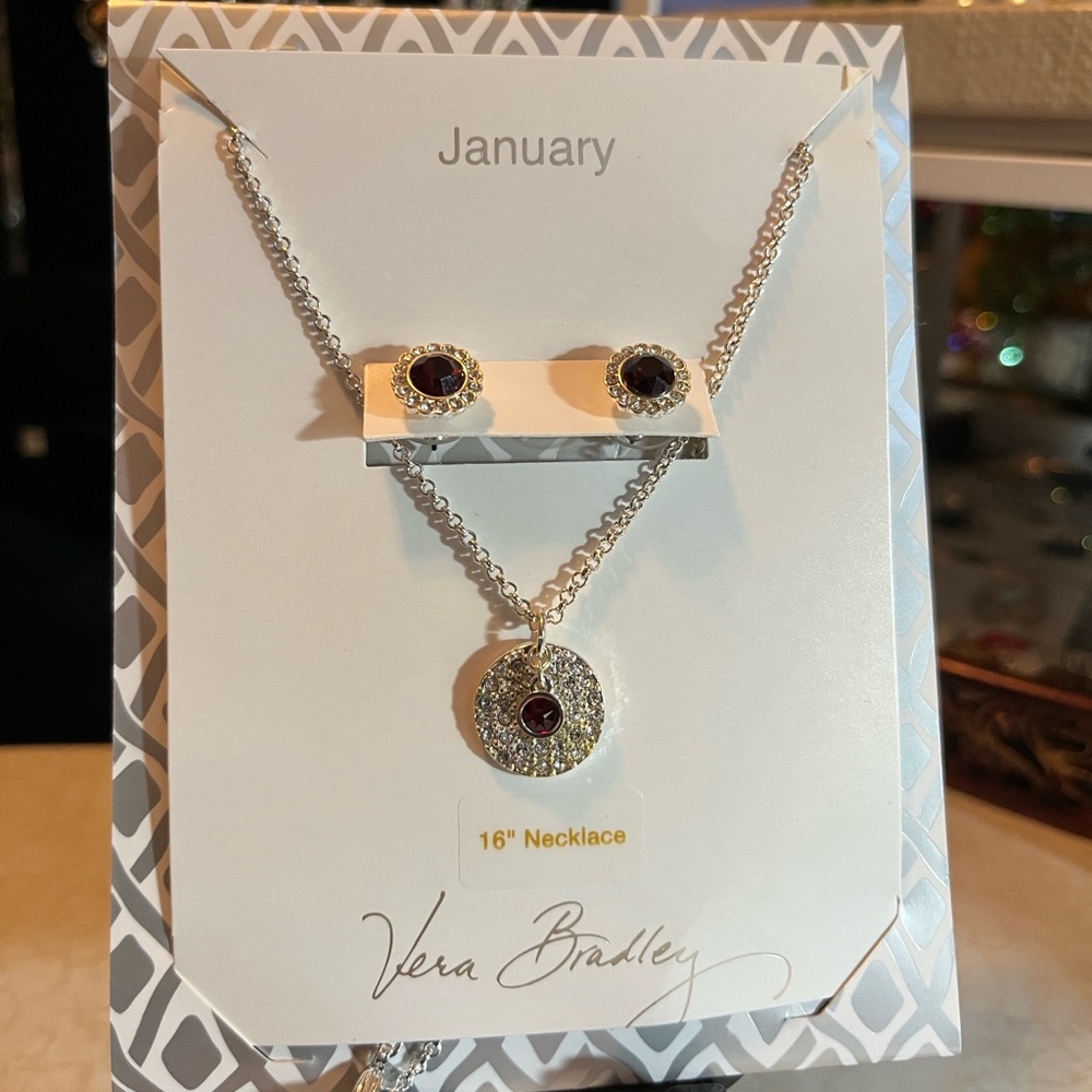 Bueatifull Vera Bradley Ruby Red Birthday Zodiac 16” Necklace & Earrings Set